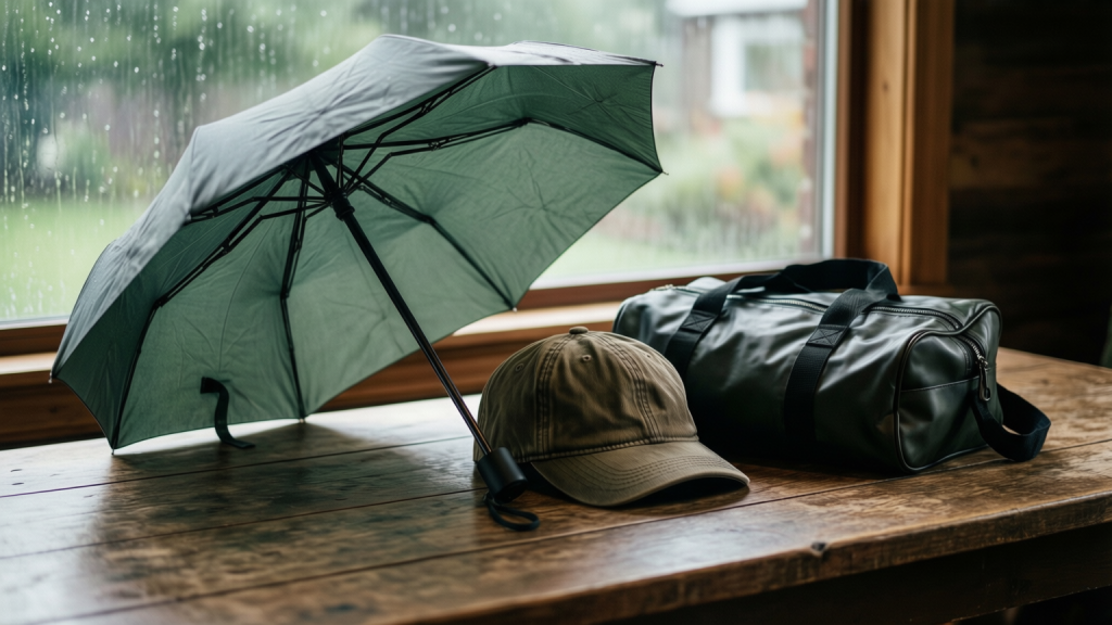 Sustainable rain gear including a recycled umbrella and waterproof jacket
