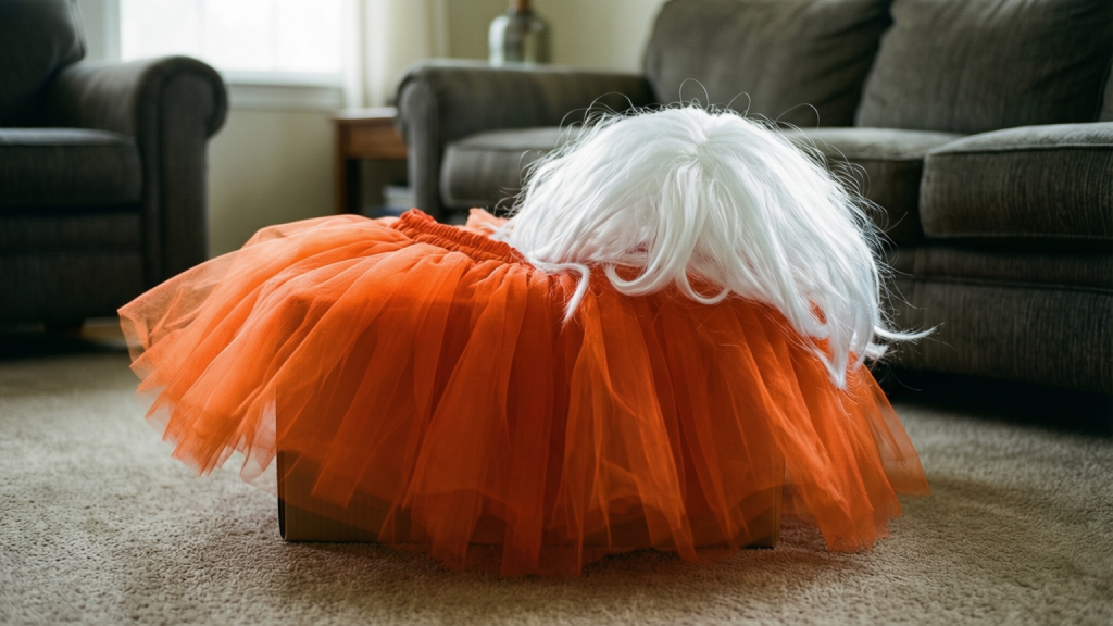 A bright orange tutu and a white wig from a dress-up box on a lounge room floor