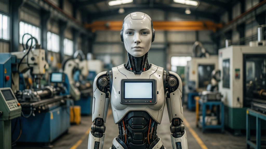 Tesla Optimus robot standing in a factory setting