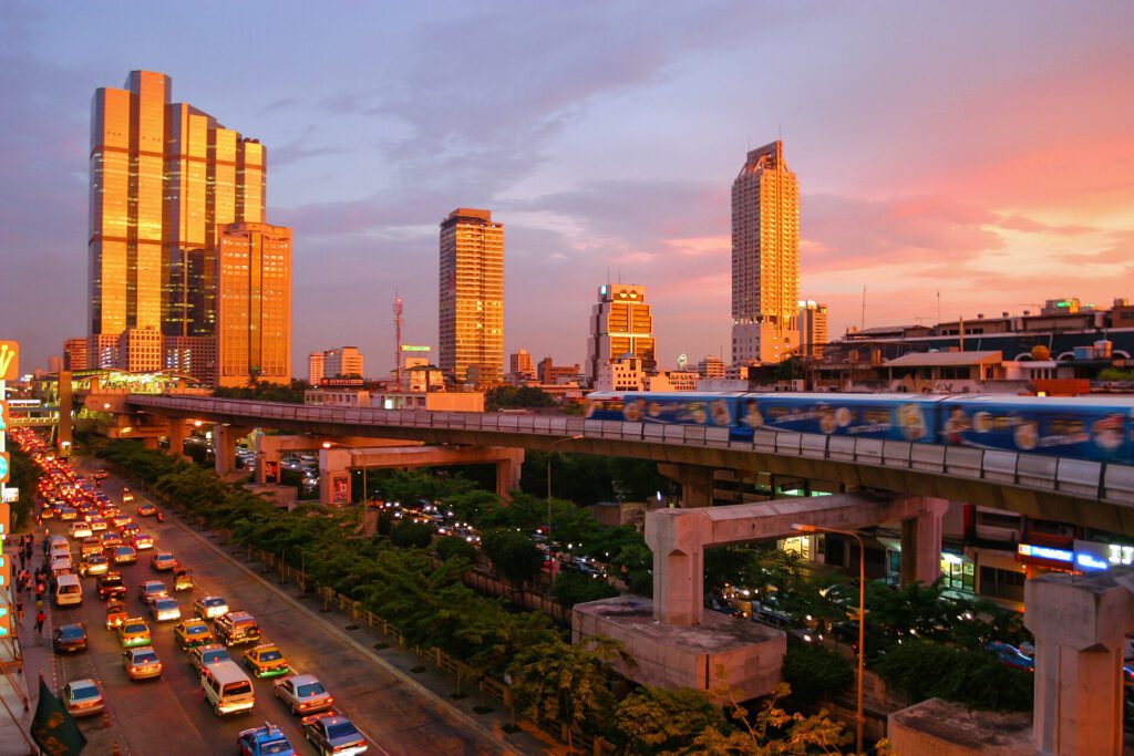 Bangkok skyline with luxury hotels and tourism forecast data