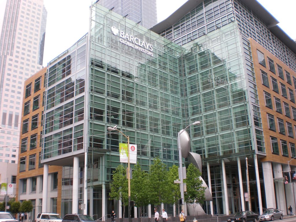 Barclays bank branch exterior with AI technology concept
