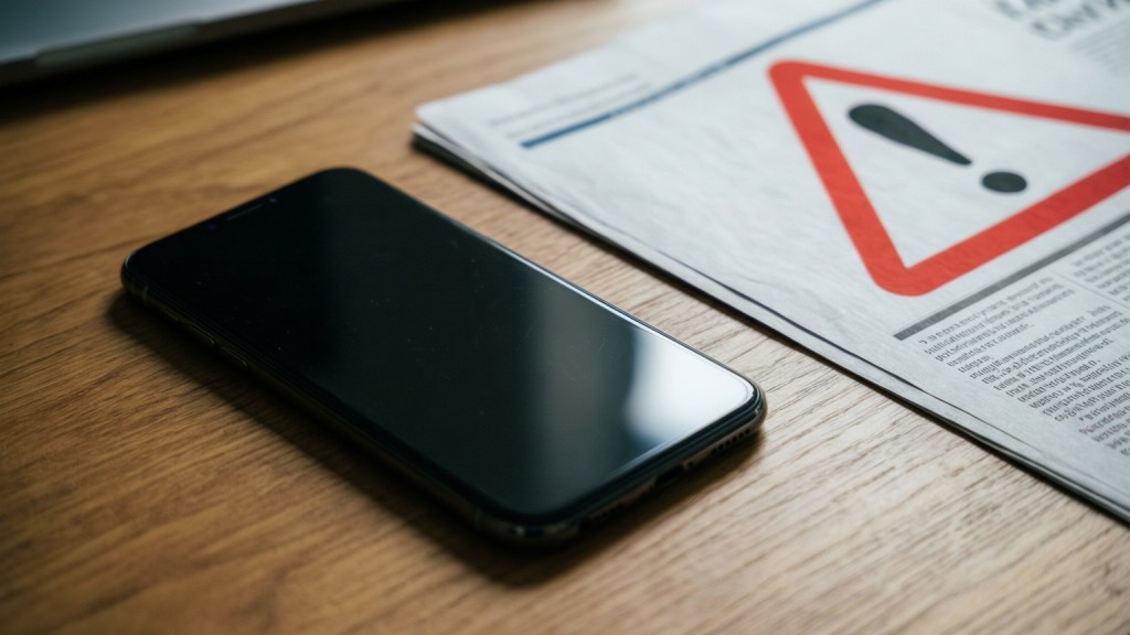 UK Trading Standards Issues First AI Scam Watchlist Close up of a smartphone screen displaying a warning icon for AI scam watchlist