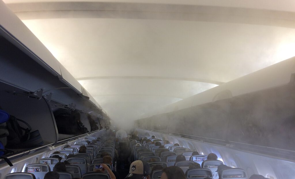 Foggy airplane cabin
