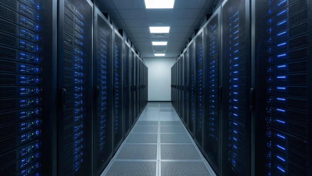 Hackers Leak Data on 41,000 US Immigration Agents Server room with blue lights representing a data breach of US immigration agents