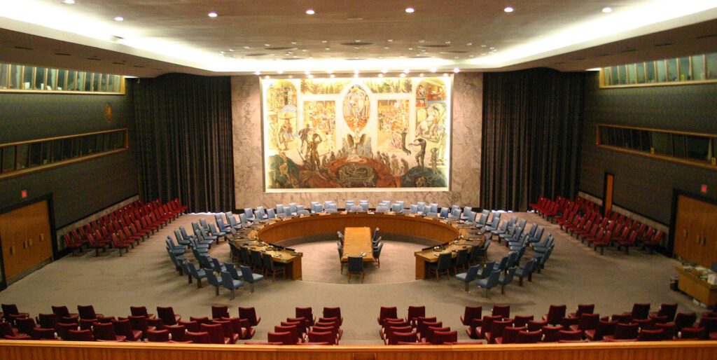UN Security Council chamber with flags of member nations