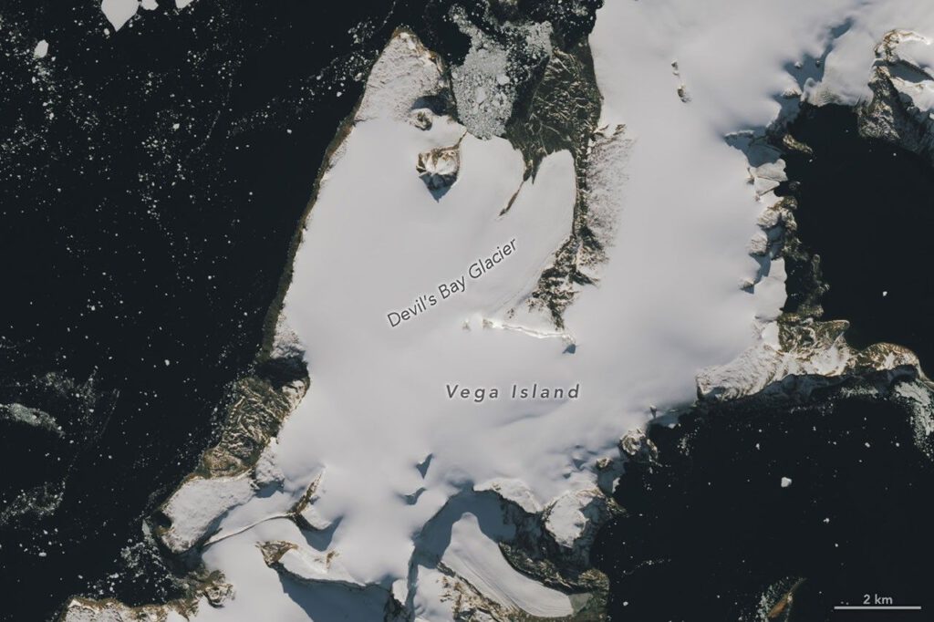 Landsat 9 satellite image of Vega Island showing skull-like ice formations